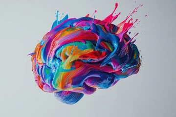 Fototapete - A brain is vividly decorated with colorful paint strokes and splashes, symbolizing creativity and dynamic thought processes. Generative AI