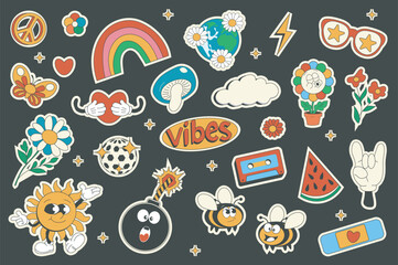 Wall Mural - Vintage groovy set elements in flat graphic design. Collection of peace, rainbow, daisy, planet, hug, butterfly, mushroom, vibes, bees, bomb, watermelon, other funky mascots. Vector illustration.