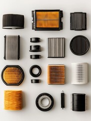 Leinwandbilder - Car filters for oil, air, and fuel are displayed on a light background, highlighting various shapes and sizes used in vehicle maintenance. Generative AI