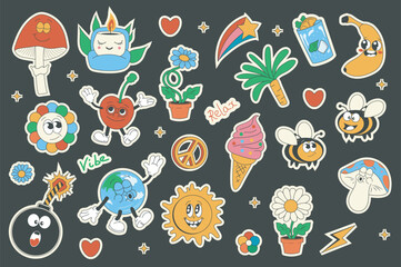 Wall Mural - Vintage groovy set elements in flat graphic design. Collection of mushroom, candle, star, heart, plants, banana, daisy, cherry, peace sign, rainbow, planet, other funky mascots. Vector illustration.