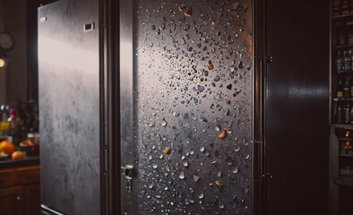 Poster - The refrigerator is wet and has a shiny surface. The water droplets are scattered all over the fridge, giving it a cool and refreshing appearance