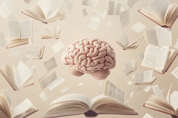 Fototapete - A brain is at the center, enveloped by open books and fluttering pages, representing the pursuit of knowledge and the learning process. Generative AI