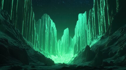 Wall Mural - abstract fantastic neon background. glowing green vertical lines. futuristic landscape of rocky moun