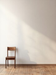 Poster - A simple space features polished wooden floors and a solitary wooden chair positioned by a bare wall, softly lit by afternoon sunlight. Generative AI