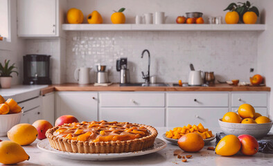 Poster - A kitchen counter with a pie and a bowl of fruit. The pie is a peach pie and the fruit is a bowl of sliced peaches