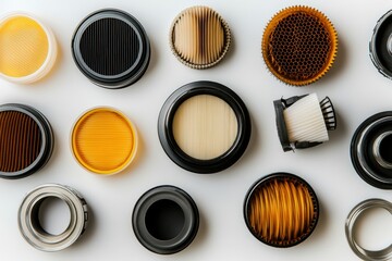 Leinwandbilder - Various car filters for oil, air, and fuel displayed on a light background, showcasing their unique shapes and functions for vehicle maintenance. Generative AI