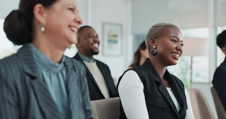 Poster - Business woman, laugh and communication in workshop, seminar or discussion in corporate office. Group of people, meeting and audience with funny with conversation, diversity and team in tech company