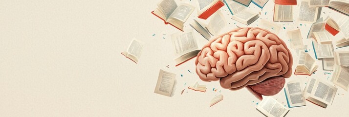 Fototapete - A brain is depicted amidst a flurry of open books and flying pages, symbolizing the pursuit of knowledge and the process of learning. Generative AI