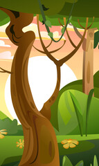 Wall Mural - sun in summer forest. view of trees. scenery landscape. fun cartoon style. vector