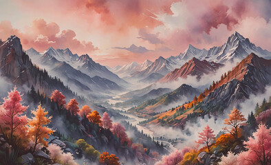 Poster - A mountain range with a river running through it. The mountains are covered in snow and the sky is pink and orange. The scene is peaceful and serene, with the mountains