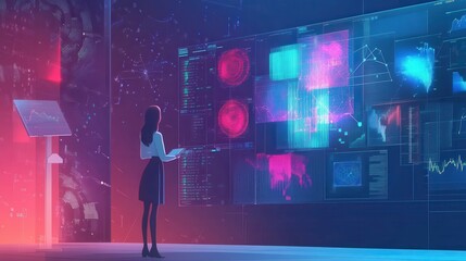 Poster - Data science illustration. Querying, analyzing, and visualizing complex information. Neural networks for stock. Business analytics.