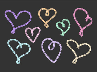Poster - Set of Doodle hearts with Chalk texture . Cute Colorful outline heart shapes. Kids crayon drawings. Playful scribble elements for card, invitation, sticker, Children Design. Abstract Love symbol