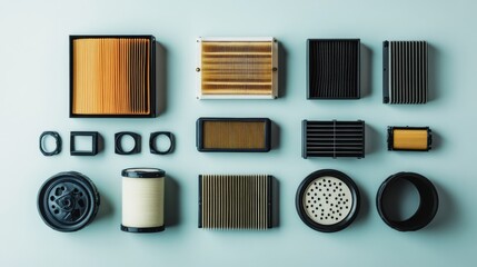 Leinwandbilder - Various car filters are displayed on a light background, showcasing oil, air, and fuel filters crucial for vehicle maintenance. Generative AI