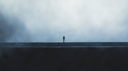 Aufkleber - A lone individual stands at one end of a deserted bridge, surrounded by an expansive mist and an overcast sky during dusk. Generative AI