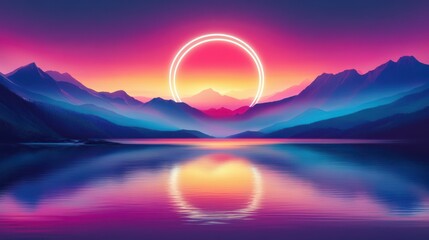 Wall Mural - abstract wallpaper with sunset or sunrise and round geometric shape. mystic landscape with mountains