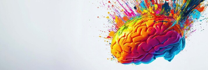 Aufkleber - A brain, covered in vivid paint strokes and splashes, symbolizes creativity and artistic expression in a striking and colorful manner. Generative AI