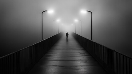 Aufkleber - A lone person strolls across a long, empty bridge, surrounded by heavy fog and distant streetlights on a quiet evening. Generative AI