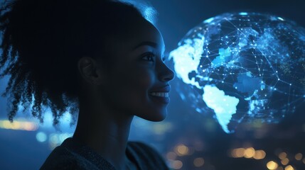 Poster - Global tech with black woman at night for information technology, research, or digital jobs. IoT, smile and future 3D world hologram in dark, person networking with cloud computing dashboard.