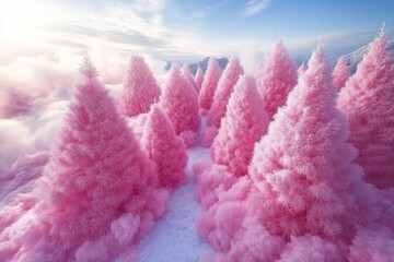 Wall Mural - Stunning winter sunrise amidst snow covered fir trees - lovely mountain panorama - Christmas background