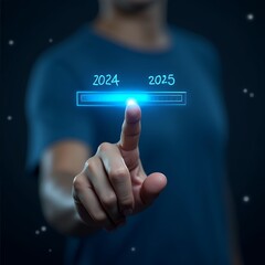 Poster - Visual Progress and Transition Concept: A Person Pointing to a Loading Bar Representing the Shift from 2024 to 2025, Highlighting Future Planning and New Year Goals for Business Growth