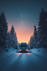 Snow-covered trees and an epic milky way on the sky frame the colorful sunrise as it leads toward the colorful sunrise