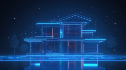 Poster - Graphite house with futuristic network technology. Blue neon background. Smart home.