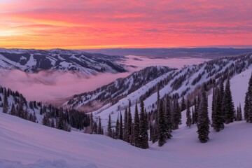Wall Mural - Winter landscape at sunset. Colorful sky bathed in sunlight. Dramatic wintry scene. Snow covered trees under warm sunlight. Sunlight sparkling in the snow.