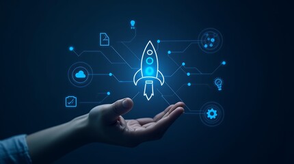 Poster - Exploring Futuristic Interfaces: A Close-Up of a Hand Interacting with a Digital Rocket Icon Against a Dark Blue Background, Perfect for Technology and Innovation Projects