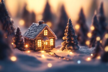 Wall Mural - Winter landscape with glowing wooden cabin in snowy forest. Cozy house in Carpathian mountains. Concept of Christmas holiday.