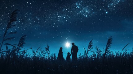 Wall Mural - holy family stands in silhouette, a bright star shining above them, surrounded by a field of tall gr