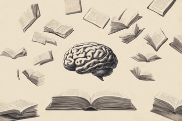 Fototapete - A brain is at the center, encircled by open books and flying pages, symbolizing the pursuit of knowledge and the journey of learning. Generative AI