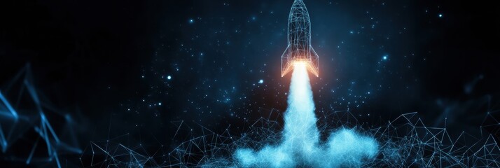 Fototapete - This visual depicts a rocket launching amidst a network of abstract lines, representing technological innovation and space exploration. Generative AI