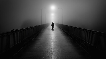 Aufkleber - A solitary figure strolls across a long, deserted bridge enveloped in thick fog, illuminated by distant lights, during the early morning hours. Generative AI