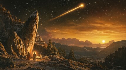 Wall Mural - nativity of jesus - scene with the holy family with comet at sunrise