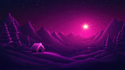 Wall Mural - nativity scene. birth of jesus christ with manger in dark magenta landscape and the star of bethlehe