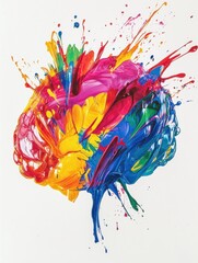 Aufkleber - A vibrant brain is covered in a variety of colorful paint splashes and strokes, displaying creativity and artistic expression in an abstract form. Generative AI