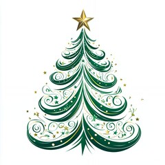 Canvas Print - Elegant Green Christmas Tree Decorated With Golden Star and Swirling Ornaments Suitable for Festive Celebrations