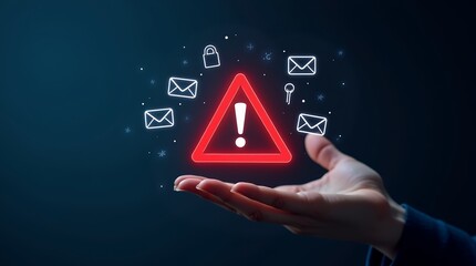 Poster - Hand Holding Red Triangle Warning Sign Surrounded by Email Icons for Cybersecurity Awareness Campaigns and Digital Communication Safety