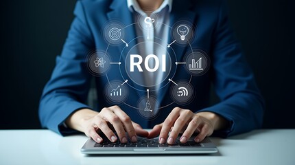 Fototapete - Businessman Analyzing ROI and Strategic Financial Concepts Using Digital Tools for Enhanced Marketing Plans and Investment Efficiency