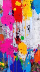 Poster - A vibrant abstract mural featuring splashes of pink, yellow, blue, and green paint on a textured white background.