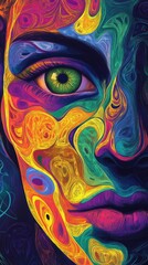  A captivating portrait of a woman with vibrant, abstract colors swirling around her face, highlighting her striking green eye.