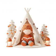 Wall Mural - A cozy child reading a book in a festive tent surrounded by decorative trees and lights., isolated on a transparent background.