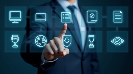 Poster - Businessman Interacting with Virtual Icons Representing ISO Standards and Quality Assurance Concepts for Technology and Business Applications