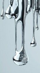 Poster - Close-up of liquid metal dripping in graceful forms against a soft gray background.
