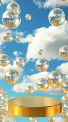 Poster - A vibrant scene featuring golden bubbles floating against a bright blue sky with fluffy white clouds.