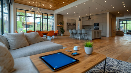 Aufkleber - Bright, airy living space showcases an open layout with modern furnishings, inviting colors, and large windows overlooking nature
