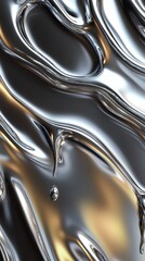 Poster - Close-up of reflective, fluid metallic surface with waves and droplets creating an abstract visual effect.