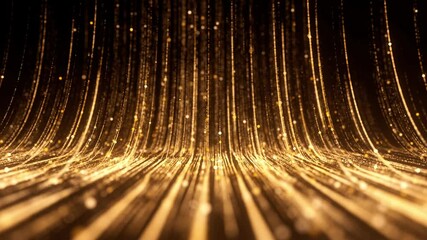 Poster - Abstract golden background. Glitter light trails motion in 3d space texture. Shiny sparks motion flow for winner celebration concept. Seamless loop.