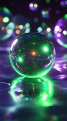 Poster - Close-up of a shimmering green bubble reflecting colorful lights and vibrant colors, creating a dreamy atmosphere.
