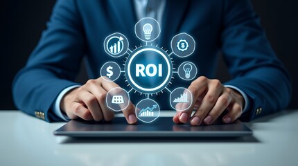 Aufkleber - A Businessman Analyzing ROI and Strategic Concepts on a Laptop Surrounded by Digital Financial Icons Representing Marketing Plans
